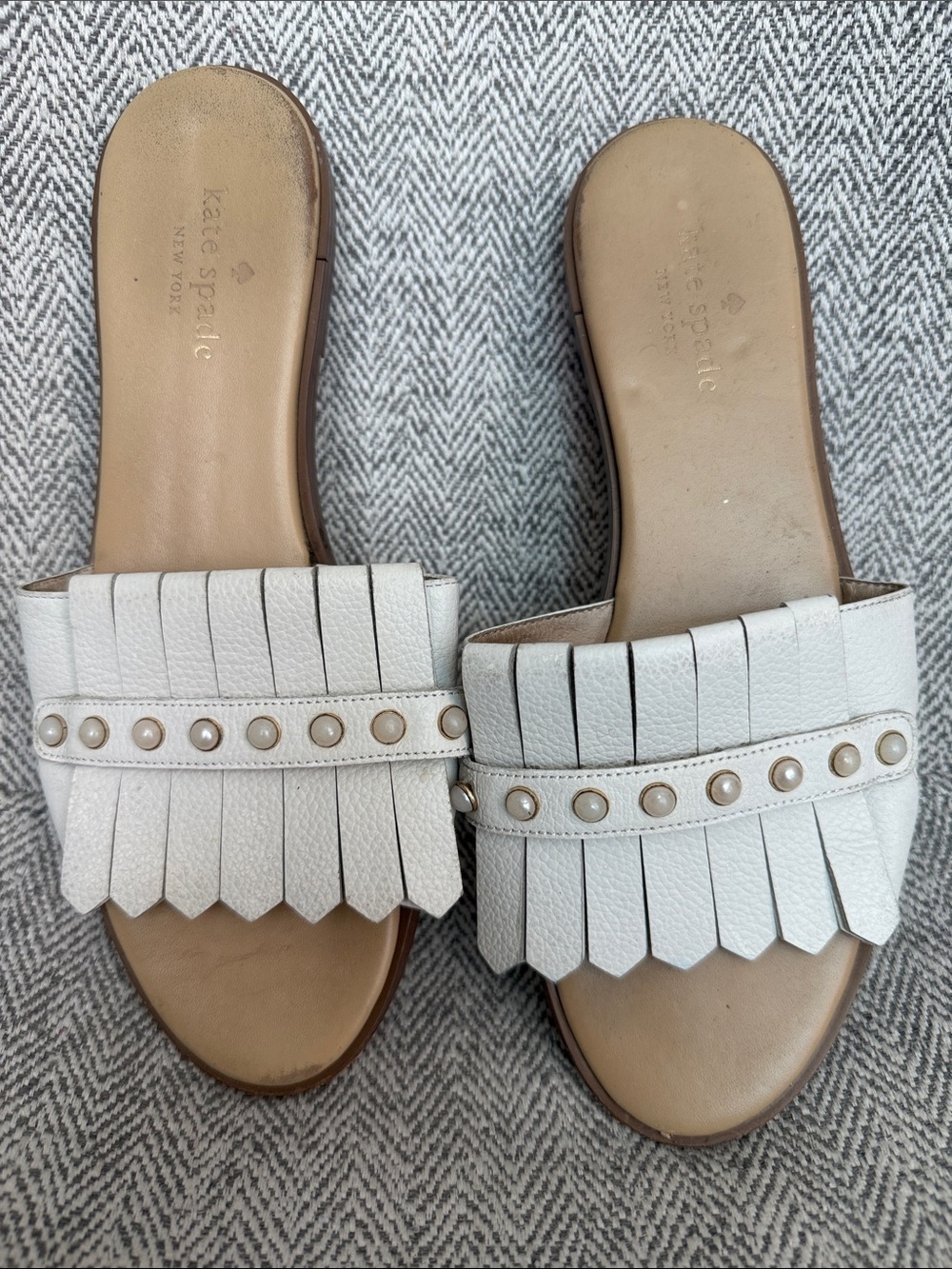 kate spade White Leather Fringe Slide Mules with Pearl Studs